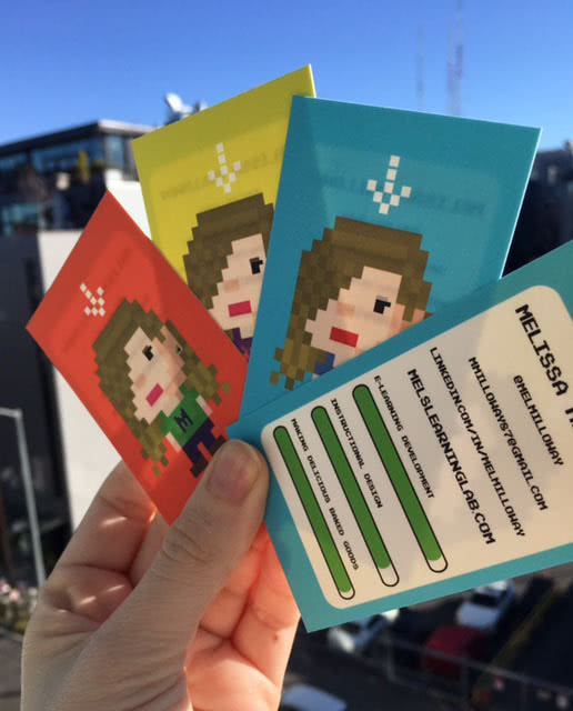 Pixel characters on business cards.